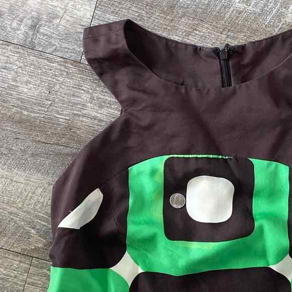 Milly New York Silk Green Brown Geometric Silk Print Shift Mini Dress - Picture 11 of 14